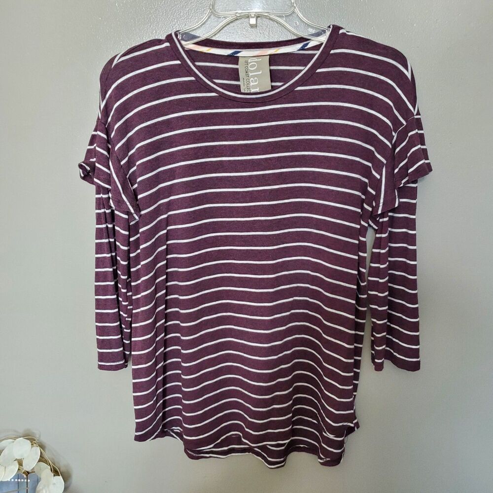 Womens Dolan Anthropologie Top Size Small Plum White Striped Long Sleeve Ruffle